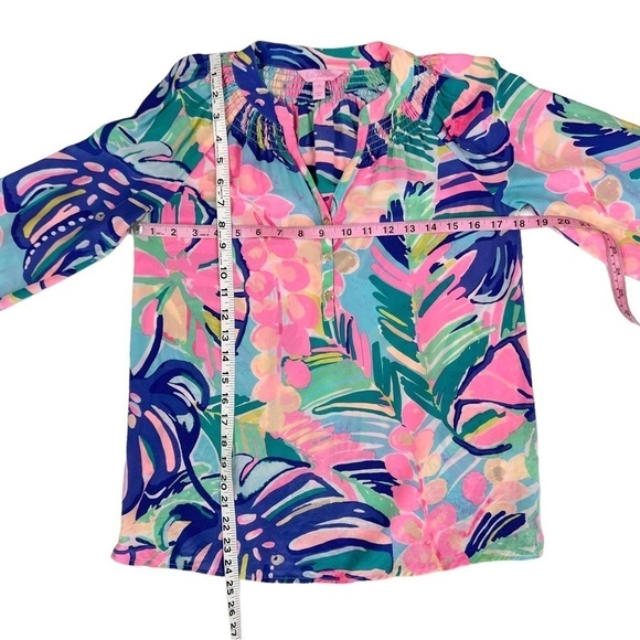 Lilly Pulitzer silk top tunic blouse pink blue palm leaves Exotic Garden Elsa XS - Picture 11 of 16